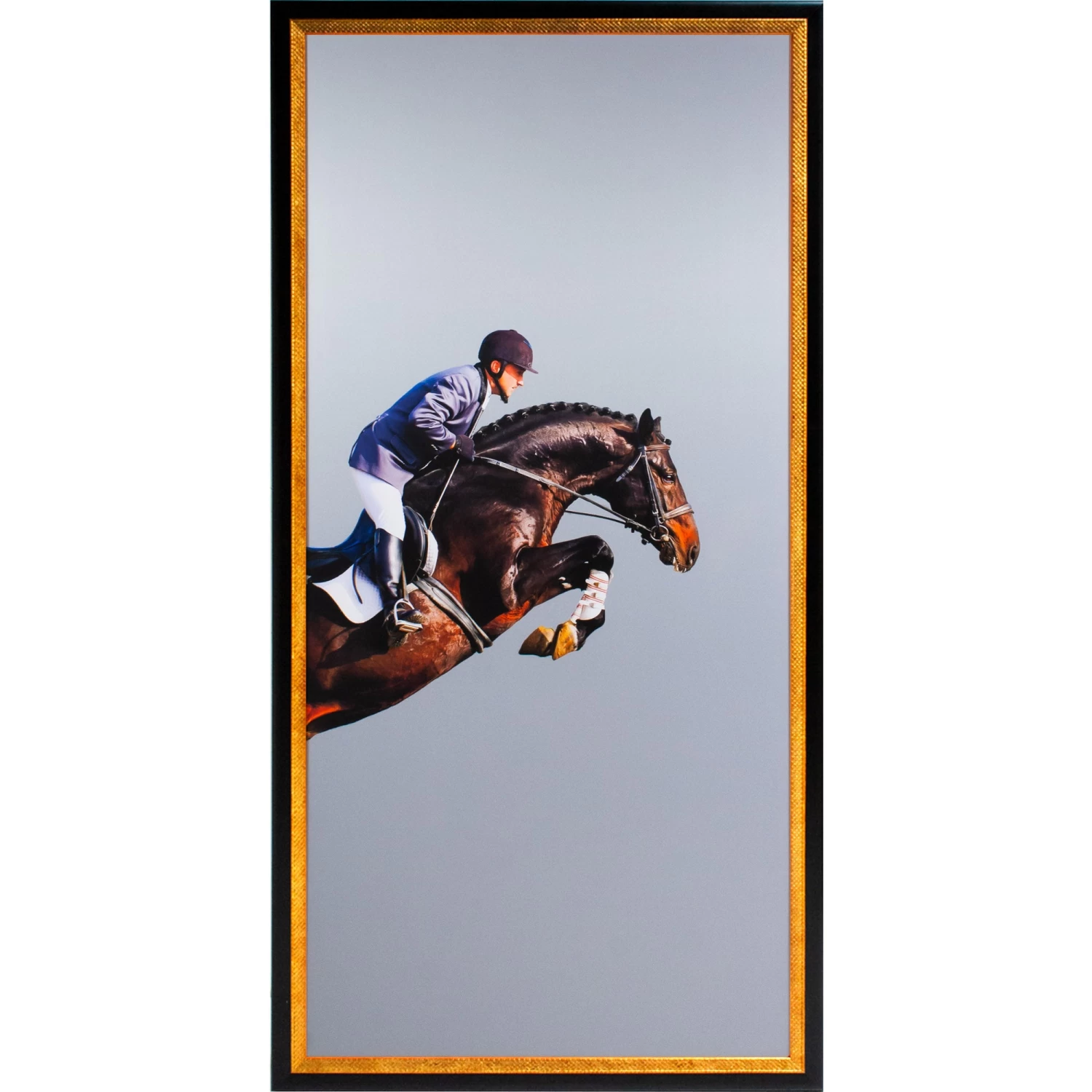 Framed Leaping Equestrian Artwork On Silk Cloth Right - Grey 3 Framed Leaping Equestrian Artwork On Silk Cloth Right - Grey