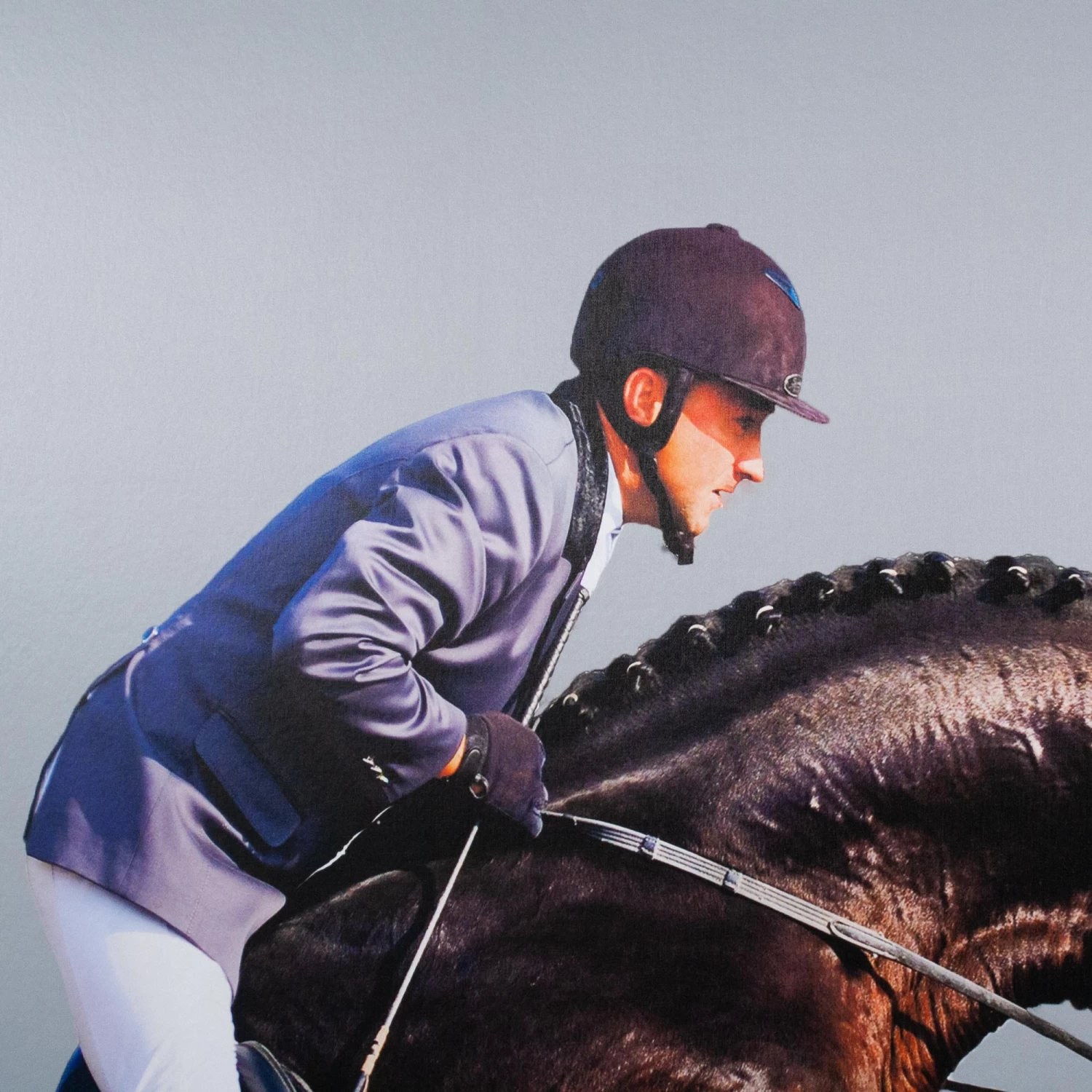 Framed Leaping Equestrian Artwork On Silk Cloth Right - Grey 5 Framed Leaping Equestrian Artwork On Silk Cloth Right - Grey - Image 3